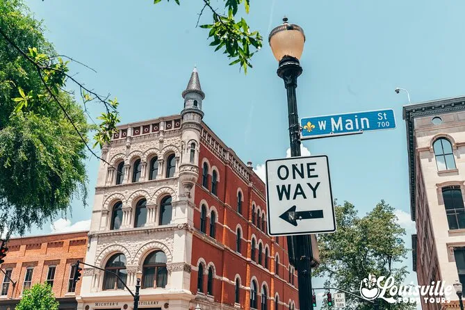 Historic Whiskey Row facades in Louisville on a food and history walk paired with a Buffalo Trace distillery tour